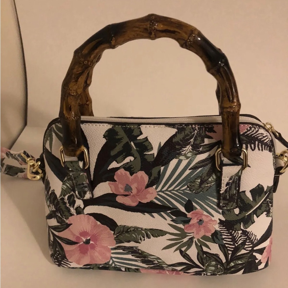 Liz Claiborne Tropical Floral Print Purse Faux Bamboo Handles Detachable Strap - Picture 4 of 8